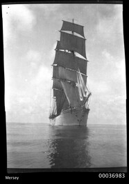 Bow view of three-masted training ship MERSEY, 1908-1915
