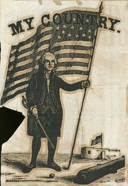 George Washington with flag woodcut, 1861