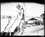 Mrs Elsa Evans posing on the deck of HNLMS JAVA, 10 October 1930