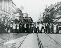 Runners lined up for the Hamilton Herald Around the Bay Road Race. King Street, just west of James. [ca. 1906]