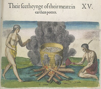Travels through Virginia. From Theodor de Bry's 'America', Vol. I, 1590, after a drawing of John White Image taken from Travels through Virginia. - caption: ''The beauty of the earthenware vessels in which they cook food'.  Engraving of a large cylindrica
