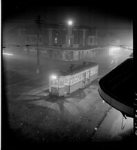 Night fog, Chatswood  tram, July 1950, from Series 02: Sydney people & streets, 1948-1950, photographed by Brian Bird