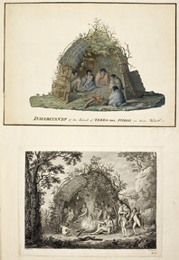 A Collection of Drawings made in the Countries visited by Captain Cook in his First Voyage. 1768-1771. - caption: 'Upper drawing; Inhabitants of the island of Tierra del Fuego, in their hut, by Alexander Buchan, January 1769. Lower engraving; A View of th