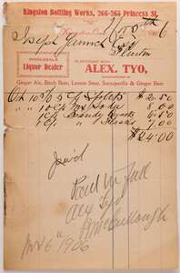 Kingston Bottling Works Invoice- Joseph Yanch 1906