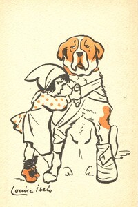 Little girl bandaging a large dog]