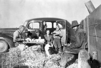 Men, women and children eating lunch at harvest time, Little Smoky, Alberta