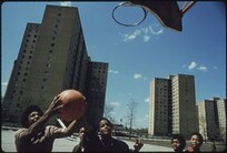 Black Youths Play Basketball At Stateway Gardens' Highrise Housing Project On Chicago's South Side, 05/1973
