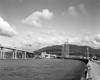 View of Tasman Bridge with Hobart pontoon bridge still in place (1964)