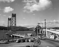 View of Tasman Bridge under construction with Hobart Pontoon bridge still in place (1964)