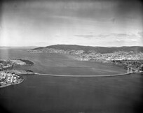 River Derwent, aerial view, showing temporary bridge before present Tasman Bridge was built (1955)