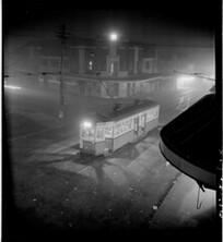 Night fog, Chatswood  tram, July 1950, from Series 02: Sydney people & streets, 1948-1950, photographed by Brian Bird