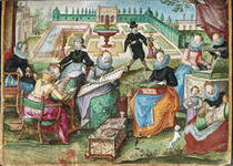 Album Amicorum of Gervasius Fabricius - caption: 'Ladies in a garden embroidering'