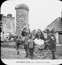 'Irish life' paying 'for the jaunt'. One woman and four men, with various hats.