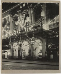 Her Majesty's Theatre, Sydney, decorated and illuminated for the visit of the Prince of Wales and showing "Kissing time", 1920 / photographer unknown