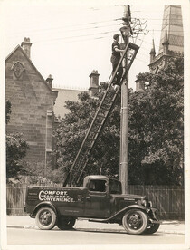 Newcastle County Council electricity supply truck with ladder and body by Oldin, ca. 1940