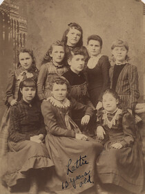 Portrait of teacher and students, 1857
