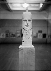 A sculpture exhibit of a bust, #236 "Theseus" (probably a Rayner Hoff), Art Gallery of New South Wales, Sydney, September 1934 / photographer Sam Hood