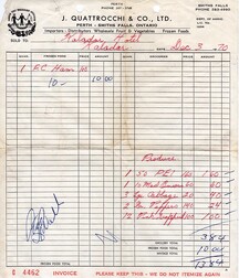 1970 Invoice from Quattrocchi's to Kaladar Hotel