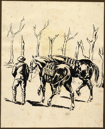 Soldier leading horses