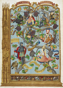 The Portuguese Genealogy / Genealogia dos Reis de Portugal.  - caption: 'Genealogy of the Kings of the Asturias, from Favila, Duke of Cantabria (d.739) to Vilmeran; in the margin is depicted a church tower; at the foot, the battle of St. Maria de Cobadong