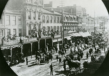 Parade approaching on King Street West. [ca. 1885]