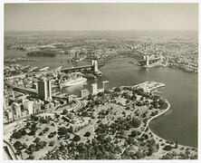 [AMP Building, Botanic Gardens, Harbour Bridge and Circular Quay with liner Canberra], July 1963, by Ern McQuillan
