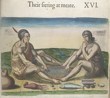 Travels through Virginia. [ From Theodor de Bry's 'America', Vol. I, 1590, after a drawing of John White]. - caption: ''Their sitting at meate'. Engraving of two figures seated on a strip of matting, eating with their right hands from a large circular dis