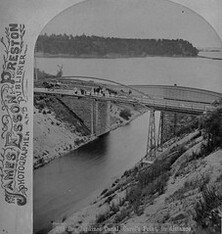 Desjardins Canal with Carroll's Point in distance. Incorrect spelling on photograph.