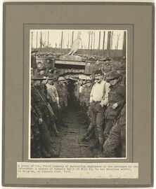 A group of 7th Field Company of Australian Engineers at the entrance to the Catacombs, a system of tunnels built in Hill 63, Messines
