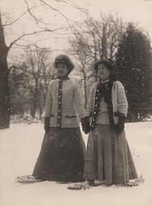 Two women standing on snowshoes, 1910