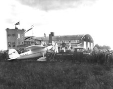Wiley Post's plane, Winnie Mae, at the Edmonton Municipal Airport, Alberta, during his solo flight around the world in 1933