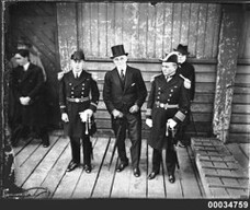 Lieutenant Raul Braun, R Dundas Smith and Captain Luis Alvarez at Circular Quay, 17 July 1931