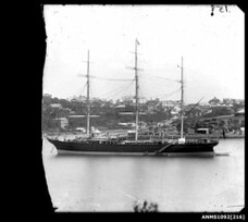 Three-masted ship at anchor, Sydney Harbour