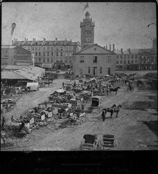 Old City Hall and James St North from the west side of the Hall, circa 1880.