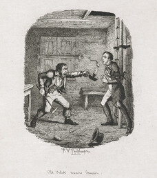 Great Expectations. By Charles Dickens. [Twenty-one engraved plates, including a titlepage, after etchings by F. W. Pailthorpe.]  - caption: '"Old Orlick means murder". Pip is tied up by Orlick, who holds a candle to his face.'