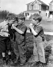 "Twin boys and friend eating ice cream cone, Edmonton"