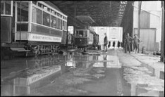 Hobart - Hobart Municipal Tramways - interior of tram sheds after floods
