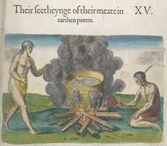 Travels through Virginia. From Theodor de Bry's 'America', Vol. I, 1590, after a drawing of John White Image taken from Travels through Virginia. - caption: ''The beauty of the earthenware vessels in which they cook food'.  Engraving of a large cylindrica