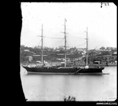 Three-masted ship at anchor, Sydney Harbour