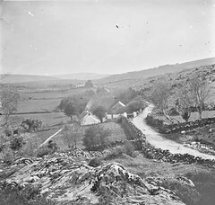 "Long shot, rocky fields, hills slated cottages spare trees" is Lough Dan, County Wicklow