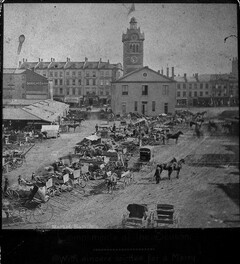 Old City Hall and James St North from the west side of the Hall, circa 1880.