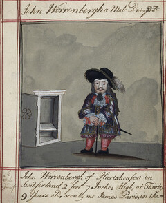 Drawings of Human Prodigies - caption: 'Drawing of John Worrenbergh, of Switzerland, a dwarf of 2 ft. 7 ins; with text. He was seen by James Paris in London in 1689'