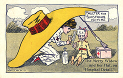 Shelter for sunstroke victims: the Merry Widow and her hat, on "hospital detail"
