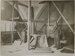 Akseli Gallen-Kallela with models and sketches of the Kalevala cupola frescoes in the National Museum of Finland, 1928.