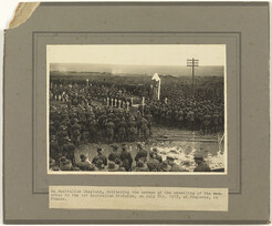 An Australian Chaplian delivering the sermon at the unveiling of memorial to the 1st Australian Battalion, Pozieres