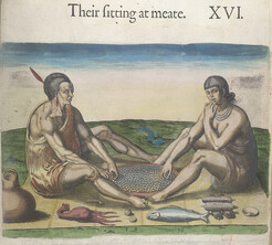 Travels through Virginia. [ From Theodor de Bry's 'America', Vol. I, 1590, after a drawing of John White]. - caption: ''Their sitting at meate'. Engraving of two figures seated on a strip of matting, eating with their right hands from a large circular dis