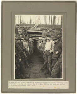 A group of 7th Field Company of Australian Engineers at the entrance to the Catacombs, a system of tunnels built in Hill 63, Messines