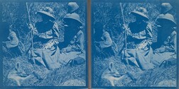 Gunbearer Muhammed bin Juma, Mary Gallen-Kallela and her children, Kirsti and Jorma, sitting in front of a dead hyena on Kahara Mountain, April 1910.