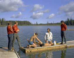 Practicing life-saving skills, Blue Lake, Alberta