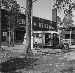 Broadcast van and a reindeer, Inari, Lapland, 1930s.